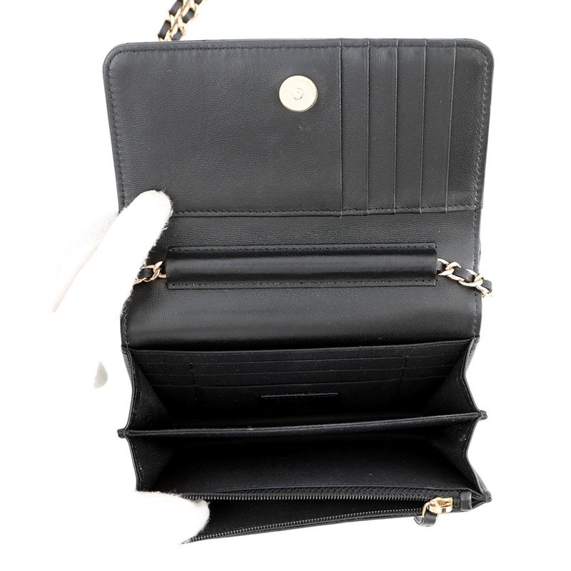 シャネル チェーンウォレット マトラッセ カメリアリボンラムスキン AP1649 CHANEL 財布 黒