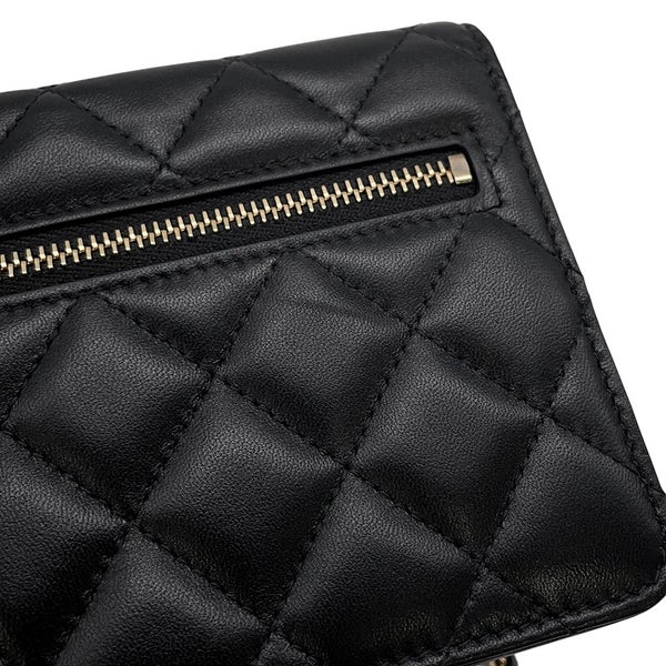 シャネル チェーンウォレット マトラッセ カメリアリボンラムスキン AP1649 CHANEL 財布 黒