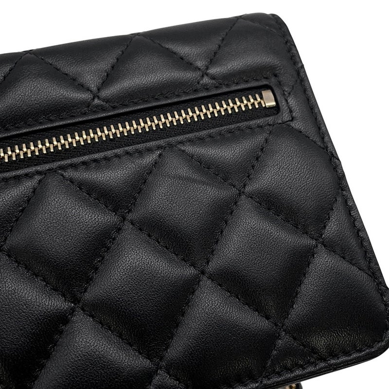 シャネル チェーンウォレット マトラッセ カメリアリボンラムスキン AP1649 CHANEL 財布 黒