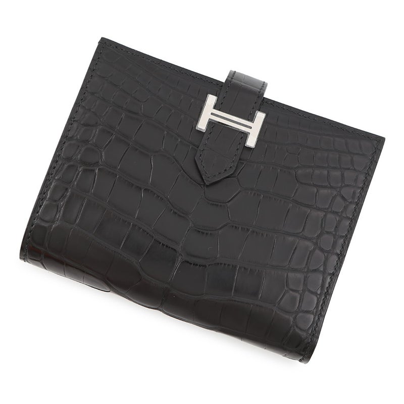 エルメス 二つ折り財布 ベアンコンパクト ブラック/シルバー金具 アリゲーターマット G刻印 HERMES 財布 黒