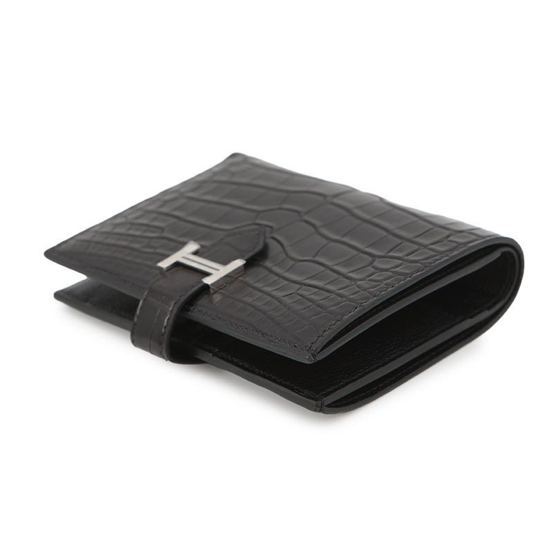 エルメス 二つ折り財布 ベアンコンパクト ブラック/シルバー金具 アリゲーターマット G刻印 HERMES 財布 黒