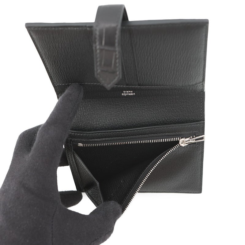 エルメス 二つ折り財布 ベアンコンパクト ブラック/シルバー金具 アリゲーターマット G刻印 HERMES 財布 黒