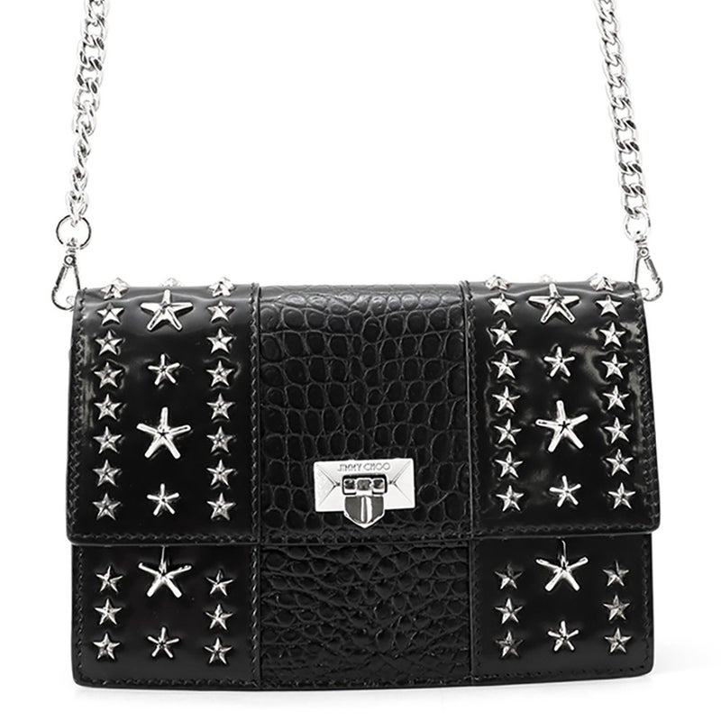 ジミーチュウ チェーンショルダーバッグ スタースタッズ ピクシス クロコ型押しレザー JIMMY CHOO 黒