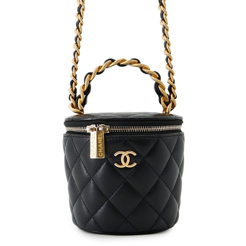 シャネル チェーンショルダーバッグ ココマーク マトラッセ バニティ トップハンドル ラムスキン CHANEL 黒