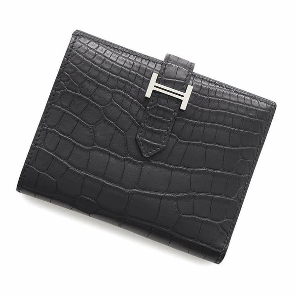 エルメス 二つ折り財布 ベアンコンパクト ブラック/シルバー金具 アリゲーターマット B刻印 HERMES 財布 黒