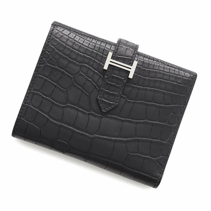 エルメス 二つ折り財布 ベアンコンパクト ブラック/シルバー金具 アリゲーターマット B刻印 HERMES 財布 黒