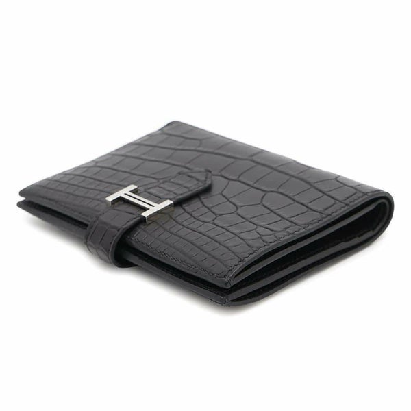 エルメス 二つ折り財布 ベアンコンパクト ブラック/シルバー金具 アリゲーターマット B刻印 HERMES 財布 黒