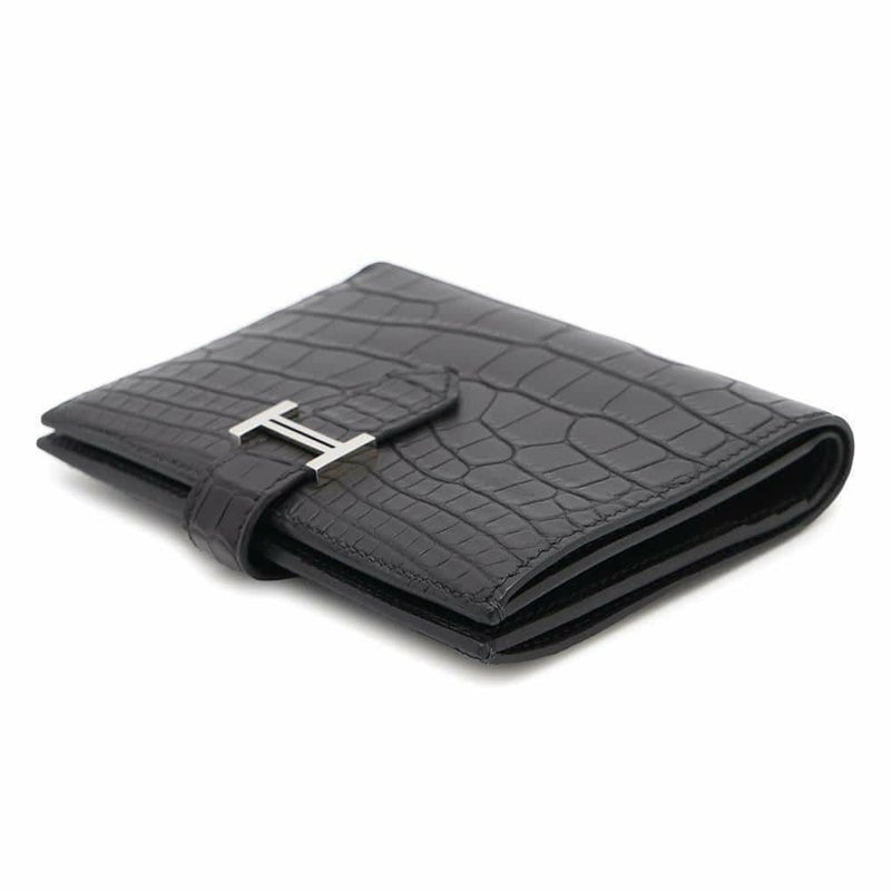エルメス 二つ折り財布 ベアンコンパクト ブラック/シルバー金具 アリゲーターマット B刻印 HERMES 財布 黒