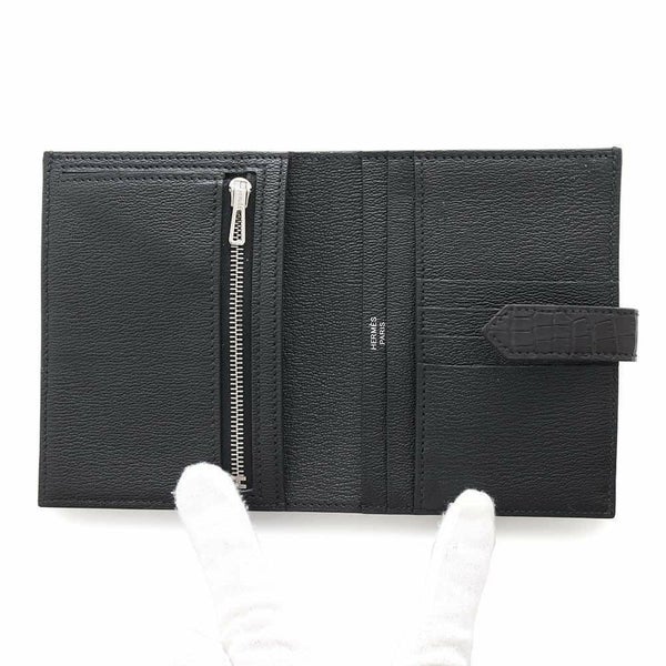 エルメス 二つ折り財布 ベアンコンパクト ブラック/シルバー金具 アリゲーターマット B刻印 HERMES 財布 黒