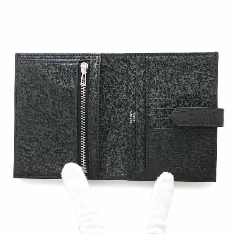 エルメス 二つ折り財布 ベアンコンパクト ブラック/シルバー金具 アリゲーターマット B刻印 HERMES 財布 黒