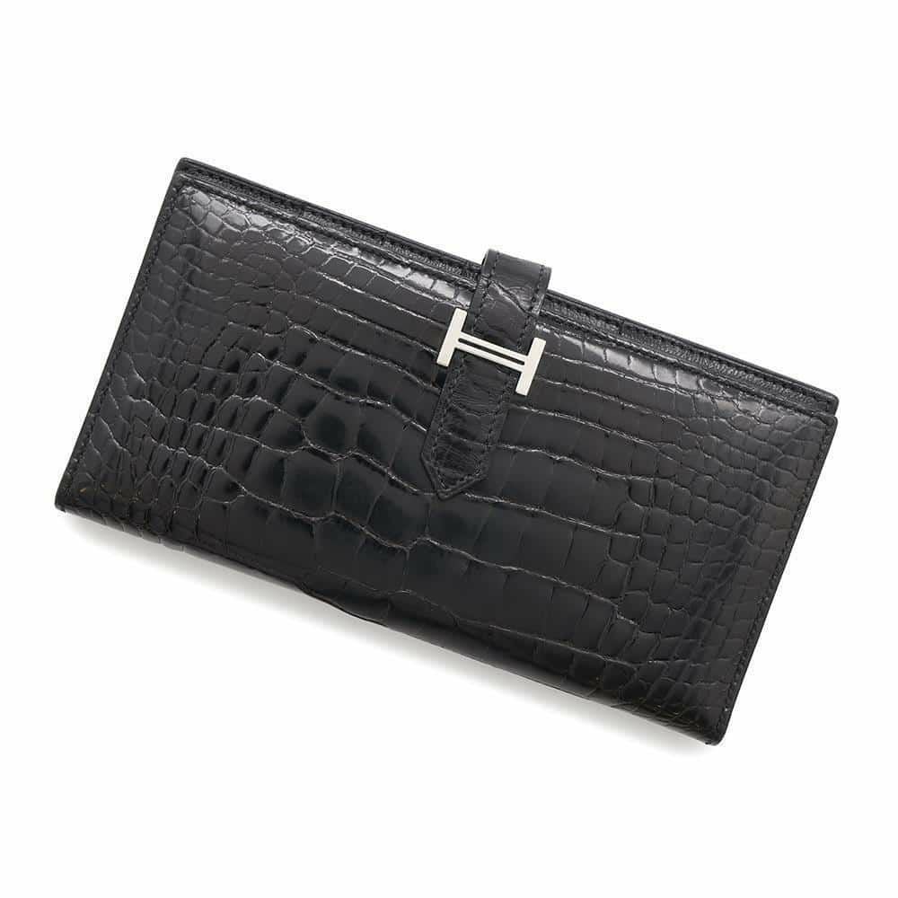 エルメス 長財布 ベアンスフレ ブラック/シルバー金具 アリゲーター