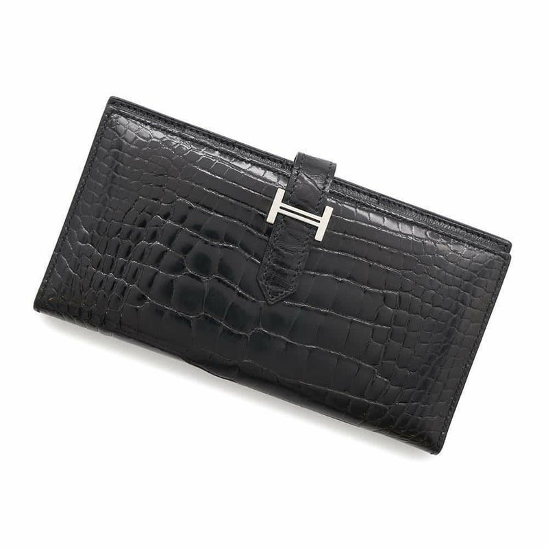 エルメス 長財布 ベアンスフレ ブラック/シルバー金具 アリゲーターシャイン □Q刻印 HERMES 財布 黒