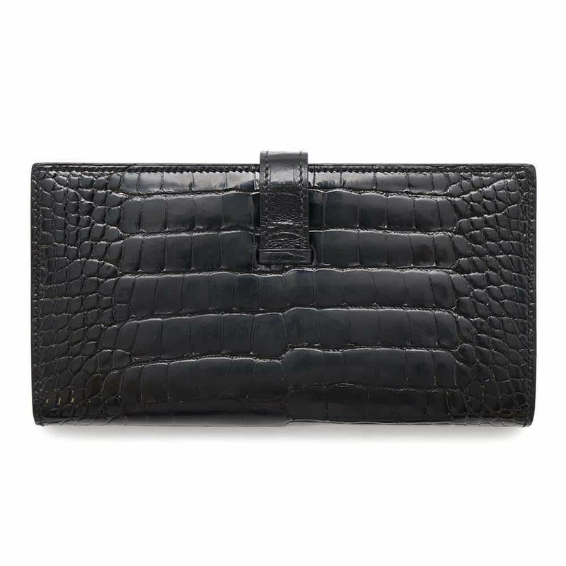 エルメス 長財布 ベアンスフレ ブラック/シルバー金具 アリゲーターシャイン □Q刻印 HERMES 財布 黒