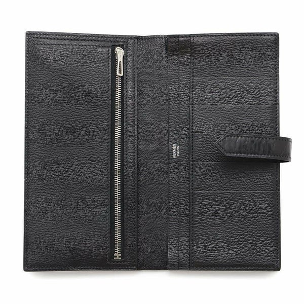 エルメス 長財布 ベアンスフレ ブラック/シルバー金具 アリゲーターシャイン □Q刻印 HERMES 財布 黒