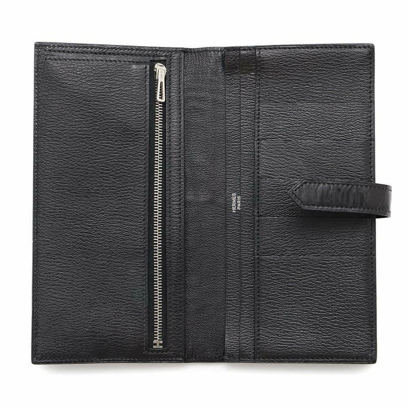 エルメス 長財布 ベアンスフレ ブラック/シルバー金具 アリゲーターシャイン □Q刻印 HERMES 財布 黒