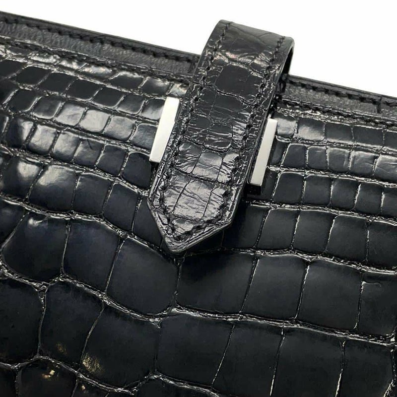 エルメス 長財布 ベアンスフレ ブラック/シルバー金具 アリゲーターシャイン □Q刻印 HERMES 財布 黒
