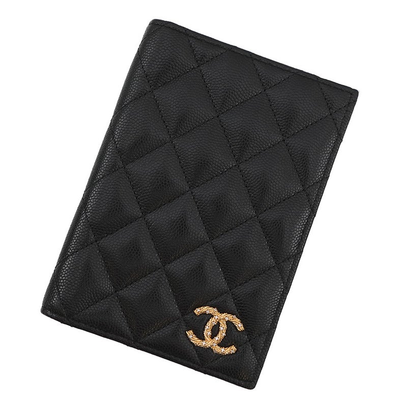 シャネル パスポートケース ココマーク マトラッセ キャビアスキン/ラインストーン CHANEL カバー 黒