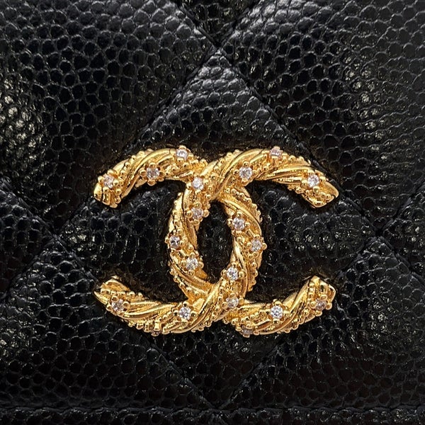 シャネル パスポートケース ココマーク マトラッセ キャビアスキン/ラインストーン CHANEL カバー 黒