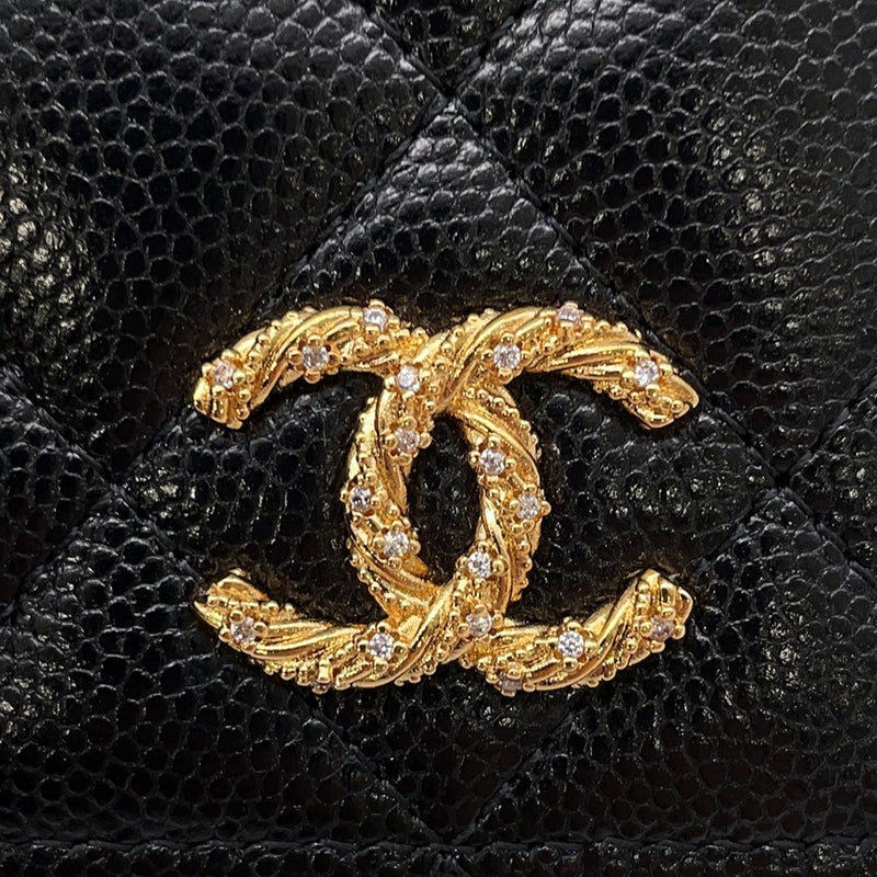 シャネル パスポートケース ココマーク マトラッセ キャビアスキン/ラインストーン CHANEL カバー 黒