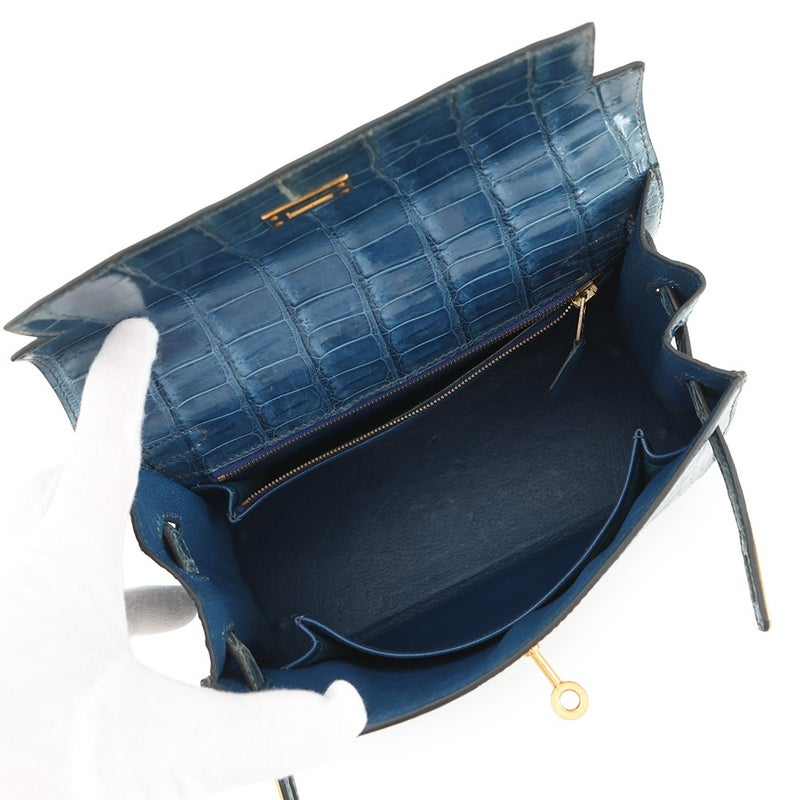 エルメス ハンドバッグ ケリー25 外縫い ブルーロイ/ゴールド金具 ポロサスシャイン □B刻印 ２wayショルダー