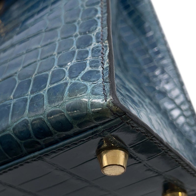 エルメス ハンドバッグ ケリー25 外縫い ブルーロイ/ゴールド金具 ポロサスシャイン □B刻印 ２wayショルダー