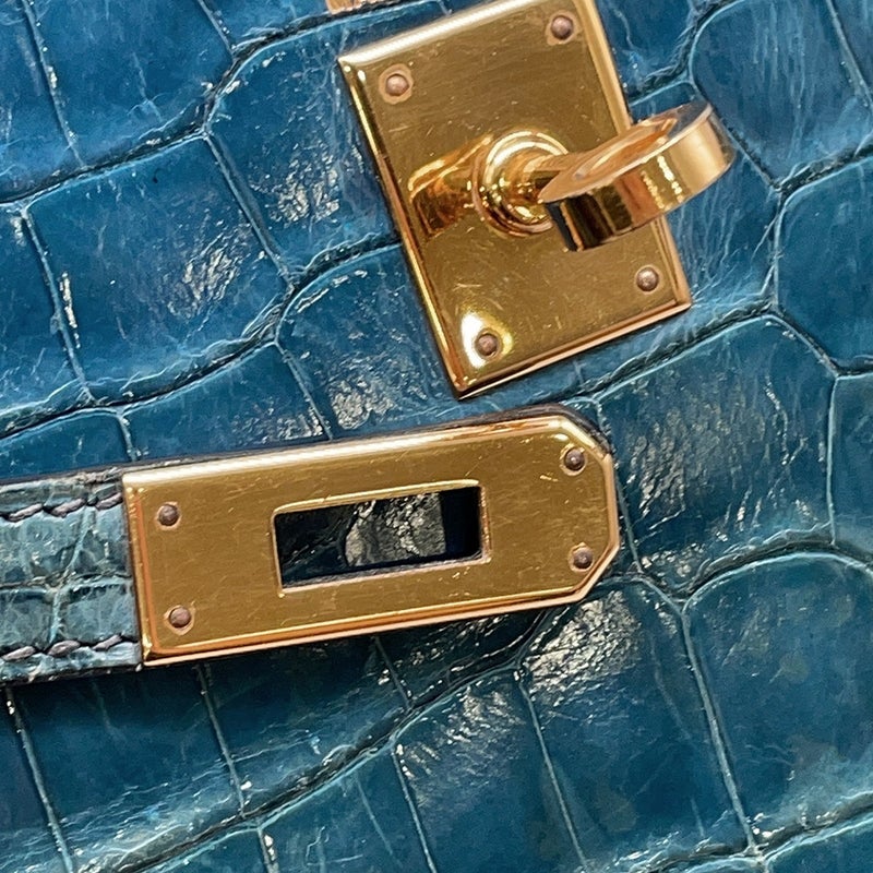 エルメス ハンドバッグ ケリー25 外縫い ブルーロイ/ゴールド金具 ポロサスシャイン □B刻印 ２wayショルダー