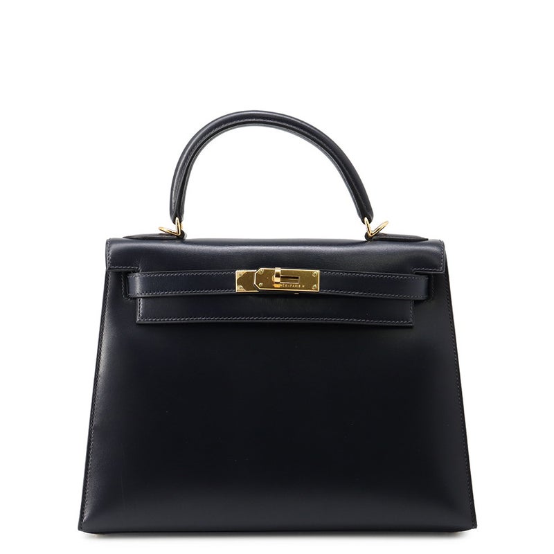 エルメス ハンドバッグ ケリー28 外縫い ネイビー/ゴールド金具 ボックスカーフ □E刻印 HERMES Kelly 2wayバッグ