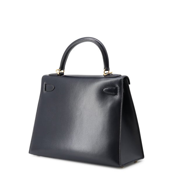 エルメス ハンドバッグ ケリー28 外縫い ネイビー/ゴールド金具 ボックスカーフ □E刻印 HERMES Kelly 2wayバッグ