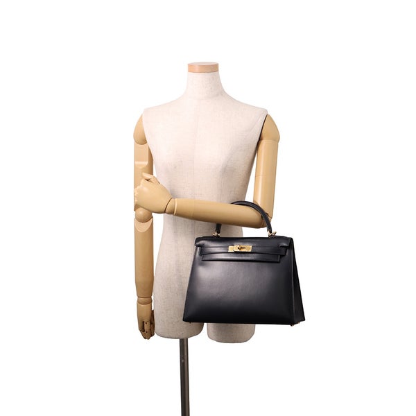 エルメス ハンドバッグ ケリー28 外縫い ネイビー/ゴールド金具 ボックスカーフ □E刻印 HERMES Kelly 2wayバッグ