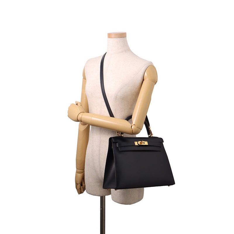エルメス ハンドバッグ ケリー28 外縫い ネイビー/ゴールド金具 ボックスカーフ □E刻印 HERMES Kelly 2wayバッグ