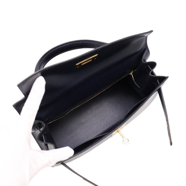 エルメス ハンドバッグ ケリー28 外縫い ネイビー/ゴールド金具 ボックスカーフ □E刻印 HERMES Kelly 2wayバッグ