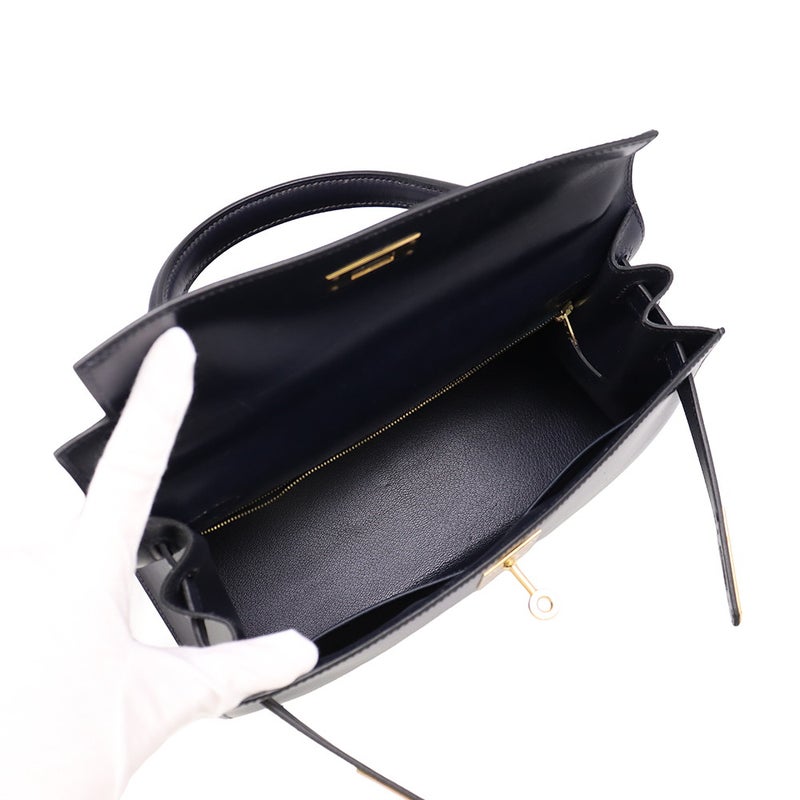 エルメス ハンドバッグ ケリー28 外縫い ネイビー/ゴールド金具 ボックスカーフ □E刻印 HERMES Kelly 2wayバッグ