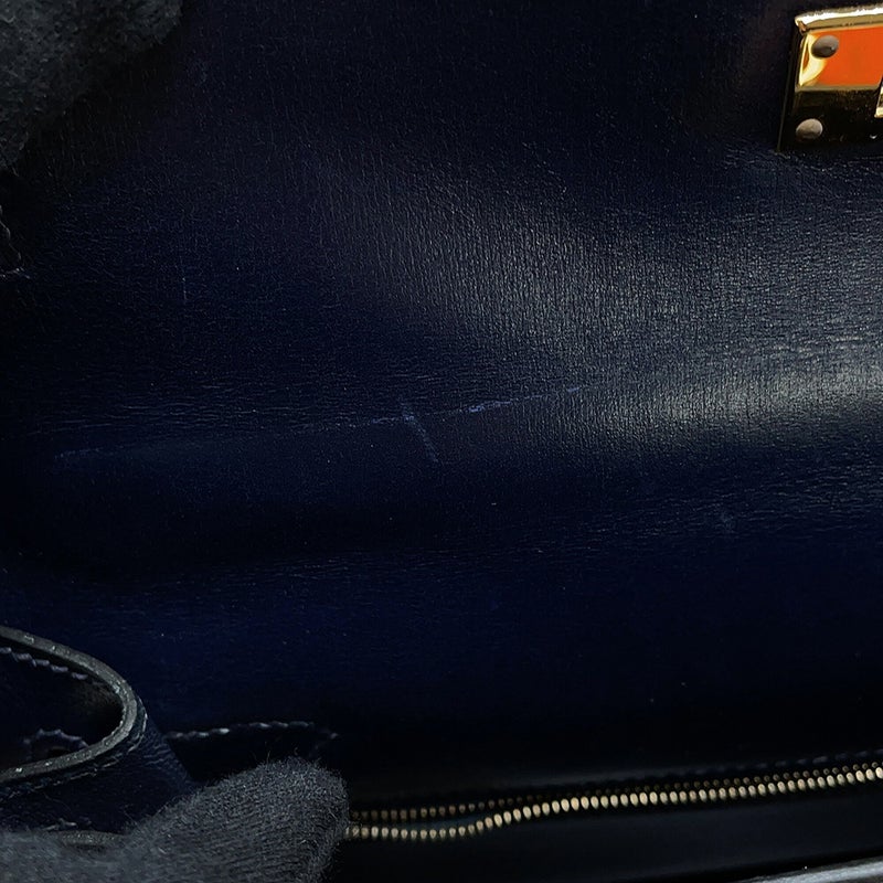 エルメス ハンドバッグ ケリー28 外縫い ネイビー/ゴールド金具 ボックスカーフ □E刻印 HERMES Kelly 2wayバッグ
