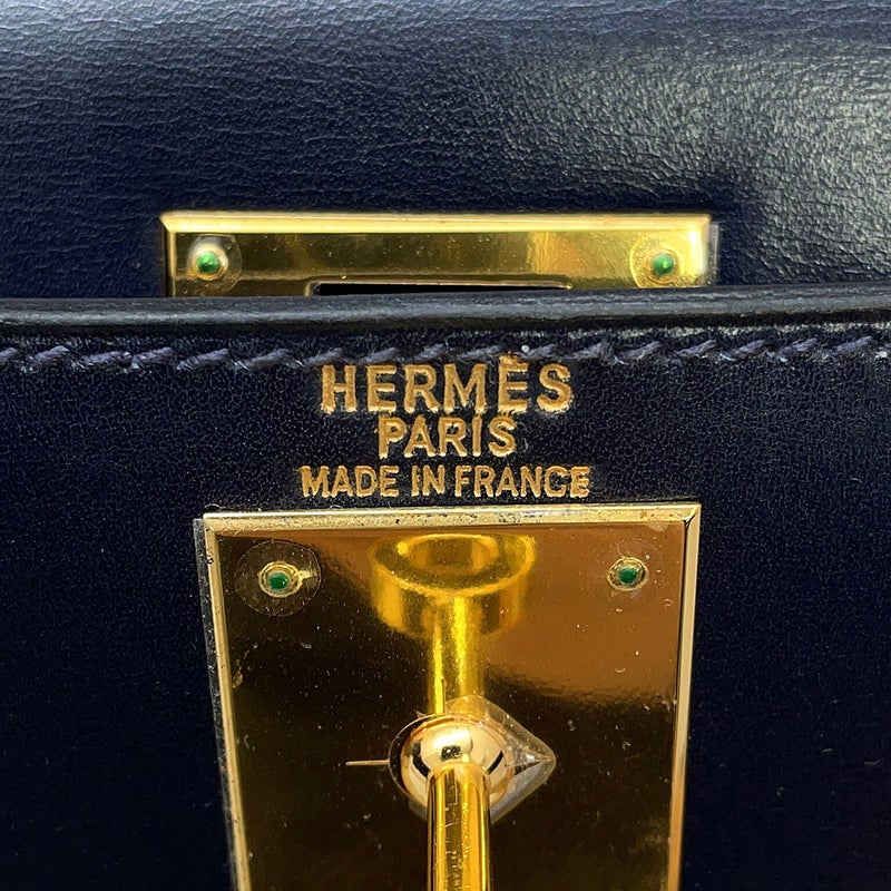 エルメス ハンドバッグ ケリー28 外縫い ネイビー/ゴールド金具 ボックスカーフ □E刻印 HERMES Kelly 2wayバッグ