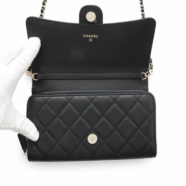 シャネル チェーンウォレット ココマーク マトラッセ フォンケース キャビアスキン AP3876 CHANEL 黒