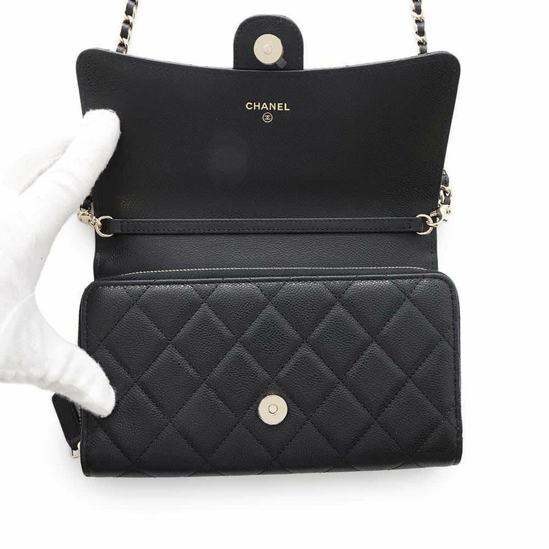 シャネル チェーンウォレット ココマーク マトラッセ フォンケース キャビアスキン AP3876 CHANEL 黒