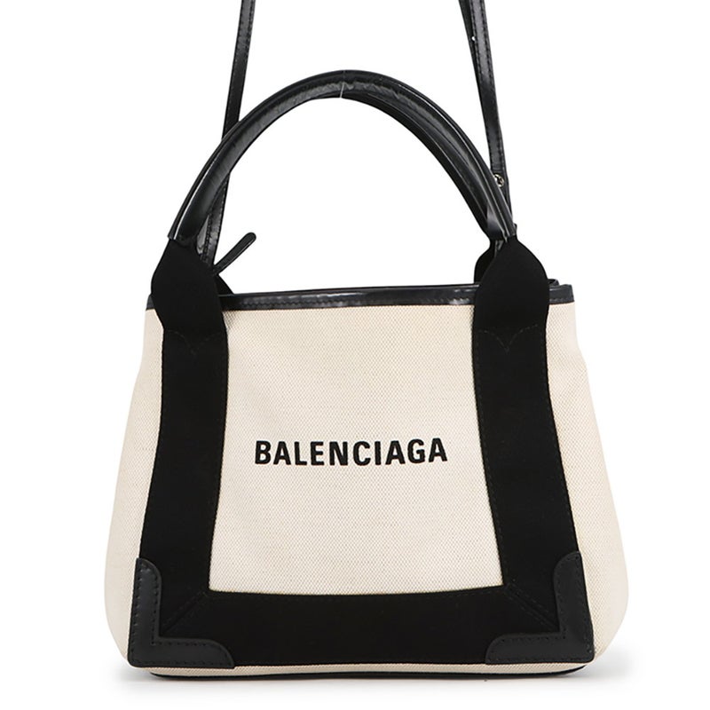 バレンシアガ ハンドバッグ ネイビーカバ XS キャンバス 390346 ポーチ付 BALENCIAGA 2way 白 黒