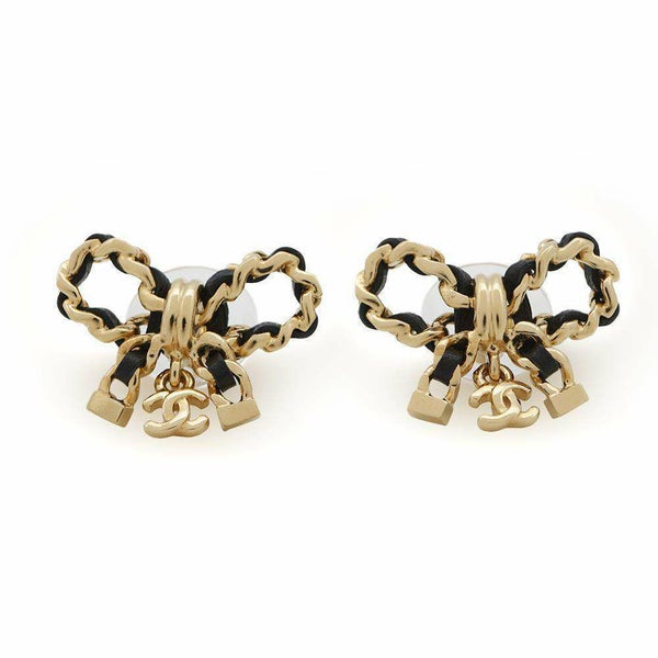 シャネル ピアス ココマーク リボン チェーン レザー I24 V AB8827 CHANEL アクセサリー 黒