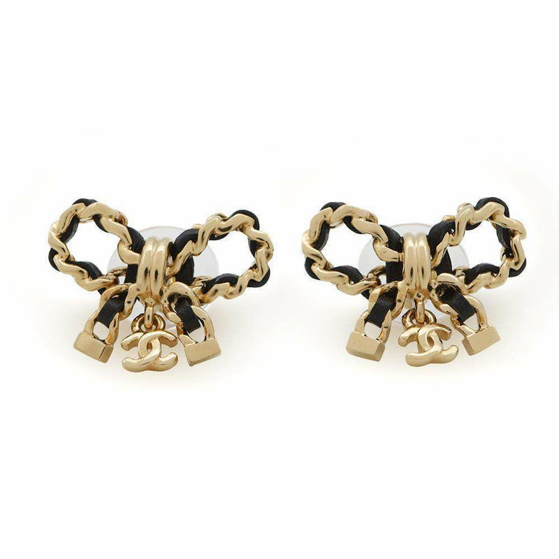 シャネル ピアス ココマーク リボン チェーン レザー I24 V AB8827 CHANEL アクセサリー 黒