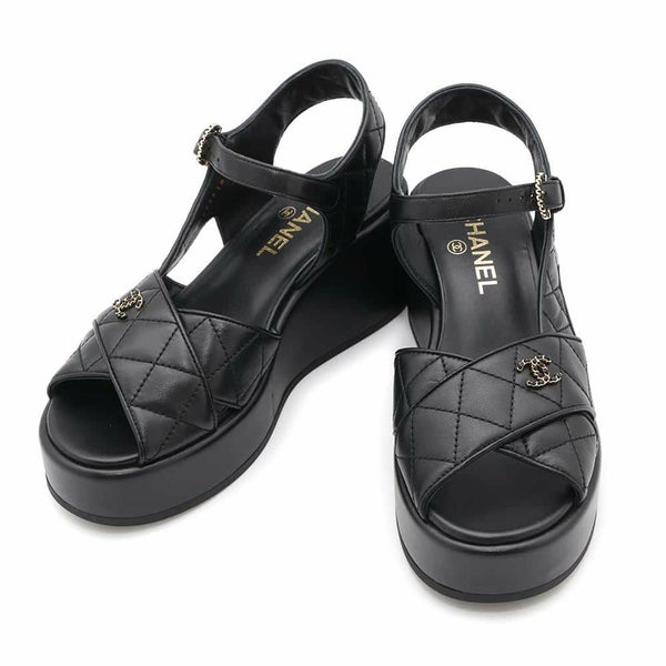 シャネル サンダル ココマーク マトラッセ ウェッジソール ラムスキン レディースサイズ38C G39918 CHANEL 靴 黒
