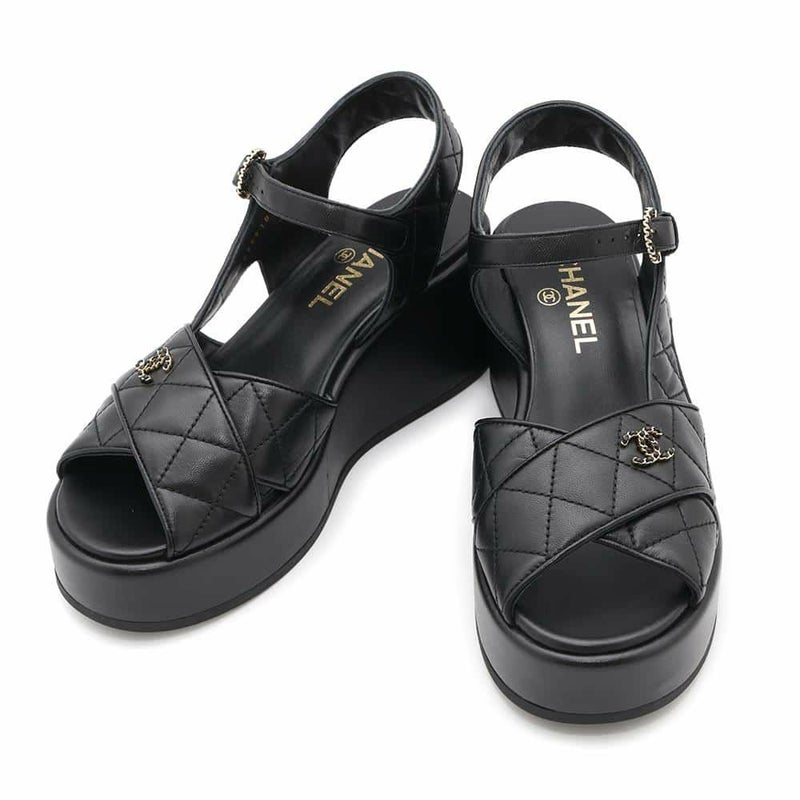 シャネル サンダル ココマーク マトラッセ ウェッジソール ラムスキン レディースサイズ38C G39918 CHANEL 靴 黒