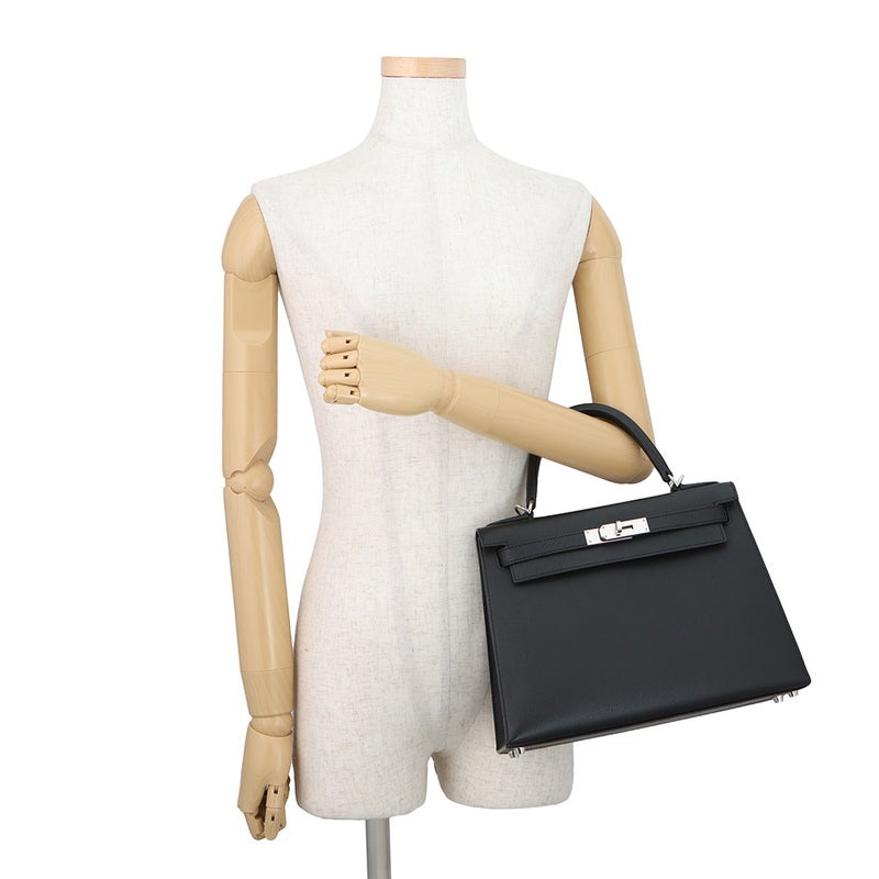 エルメス ハンドバッグ ケリー28 外縫い ブラック/シルバー金具 エプソン W刻印 HERMES Kelly 2wayバッグ 黒