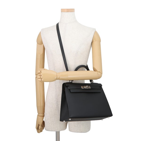 エルメス ハンドバッグ ケリー28 外縫い ブラック/シルバー金具 エプソン W刻印 HERMES Kelly 2wayバッグ 黒