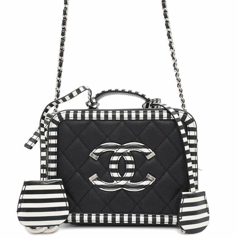 シャネル チェーンショルダーバッグ CCフィリグリー バニティバッグ キャビアスキン A93342 CHANEL 黒 白