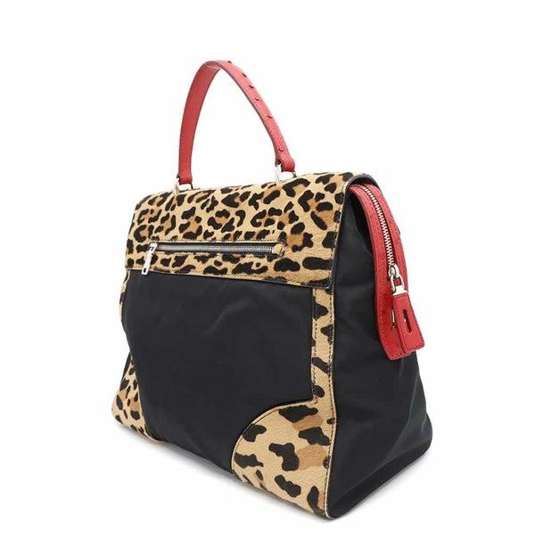 プラダ ハンドバッグ レオパード ナイロン ハラコ オーストリッチ 1BA004 PRADA バッグ 黒