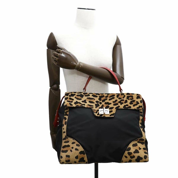 プラダ ハンドバッグ レオパード ナイロン ハラコ オーストリッチ 1BA004 PRADA バッグ 黒