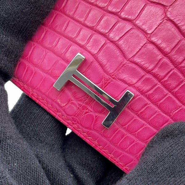 エルメス 二つ折り財布 ベアンコンパクト ローズショッキング/シルバー金具 アリゲーターマット Z刻印 HERMES 財布