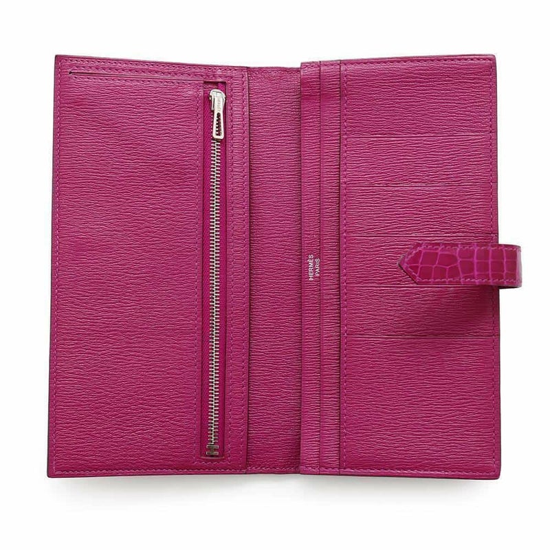 エルメス 長財布 ベアンスフレ ローズシェヘラザード/シルバー金具 アリゲーターシャイン D刻印 HERMES 財布