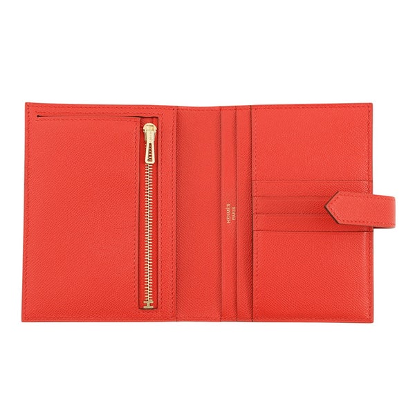 エルメス 二つ折り財布 ベアンコンパクト ルージュピヴォワンヌ/ゴールド金具 ヴォーマダム K刻印 財布