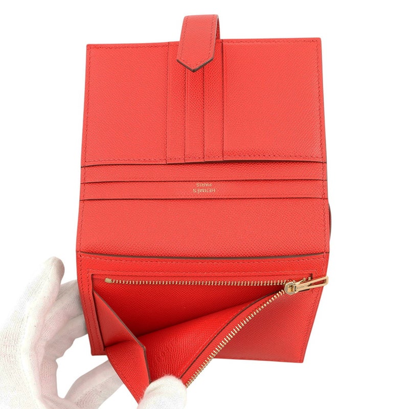 エルメス 二つ折り財布 ベアンコンパクト ルージュピヴォワンヌ/ゴールド金具 ヴォーマダム K刻印 財布